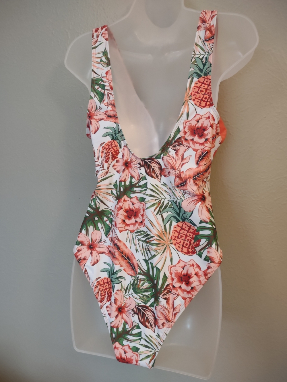 Floral Tropical One-Piece Wrap Front Swimsuit – Orange & Pineapple Print Large - Picture 8 of 10